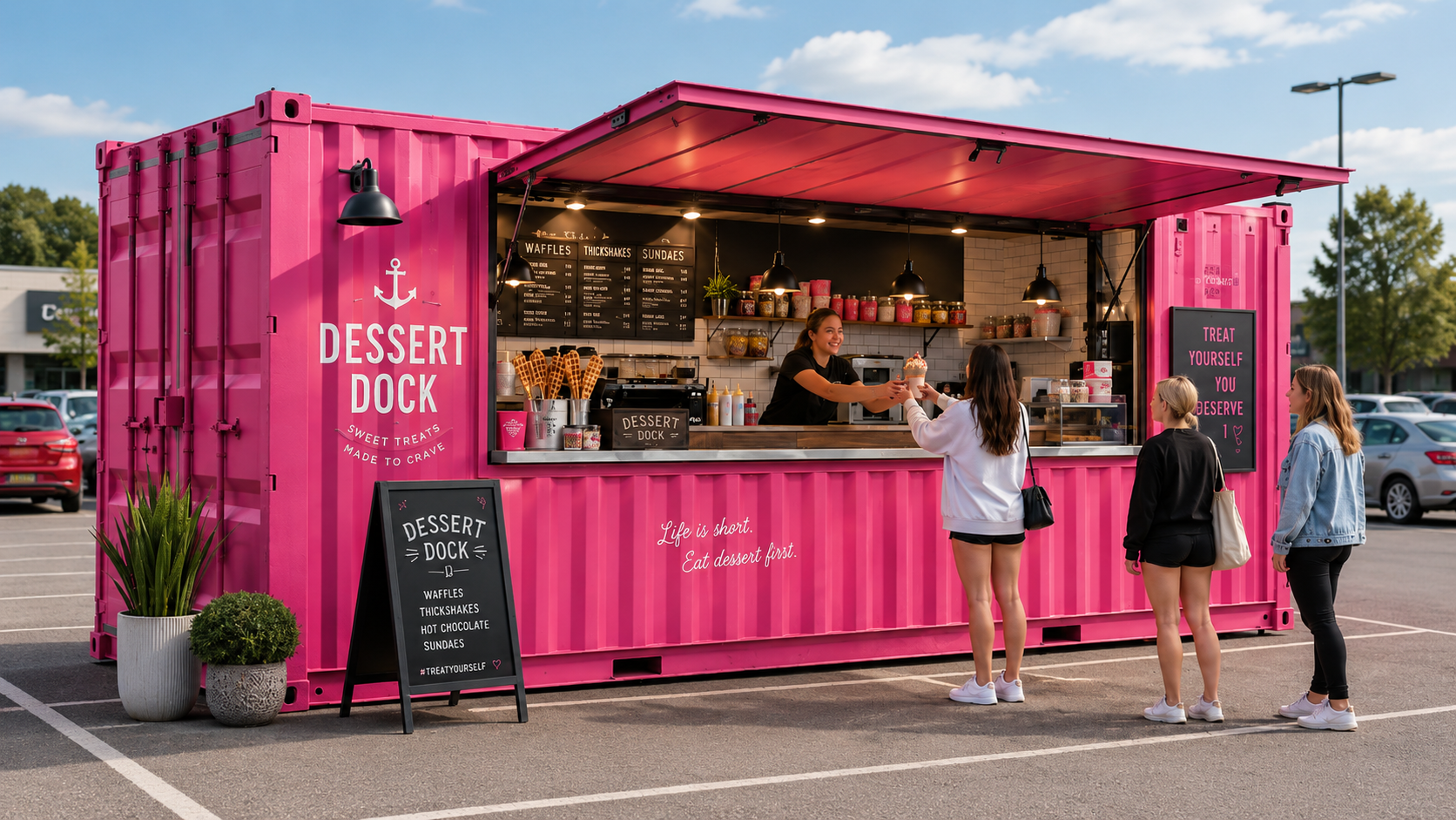 A pink Dessert Dock shipping container unit trading in a retail park car park, with a member of staff serving a customer through the hatch and two more customers queuing